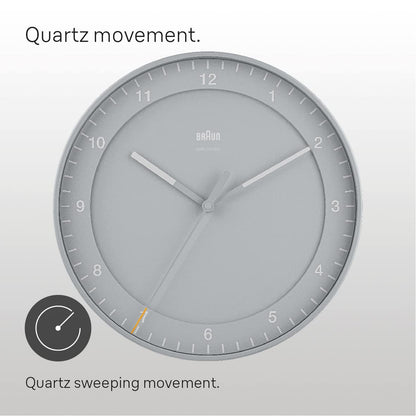 Braun Classic Analogue Wall Clock with Silent Sweep, 30cm Diameter, Easy to Read Dial, Grey - packaging