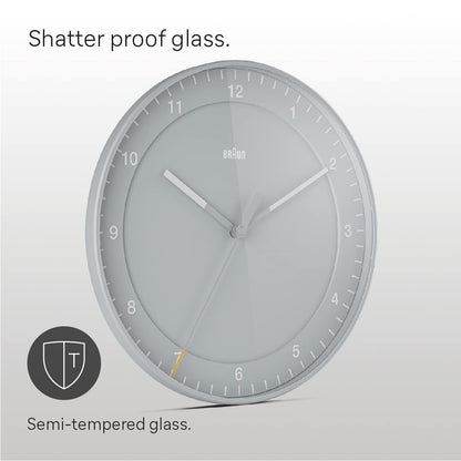 Braun Classic Analogue Wall Clock with Silent Sweep, 30cm Diameter, Easy to Read Dial, Grey - label detail