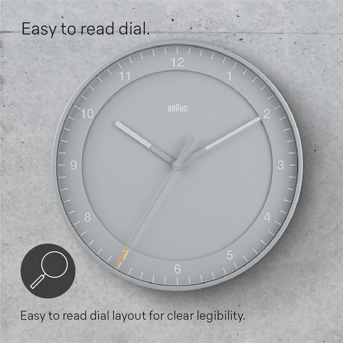 Braun Classic Analogue Wall Clock with Silent Sweep, 30cm Diameter, Easy to Read Dial, Grey - close-up detail