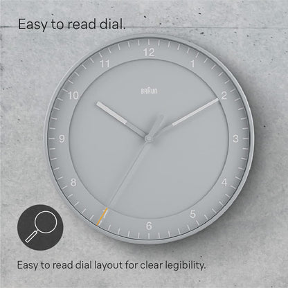 Braun Classic Analogue Wall Clock with Silent Sweep, 30cm Diameter, Easy to Read Dial, Grey - close-up detail