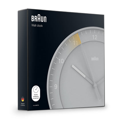 Braun Classic Analogue Wall Clock with Silent Sweep, 30cm Diameter, Easy to Read Dial, Grey - size and scale