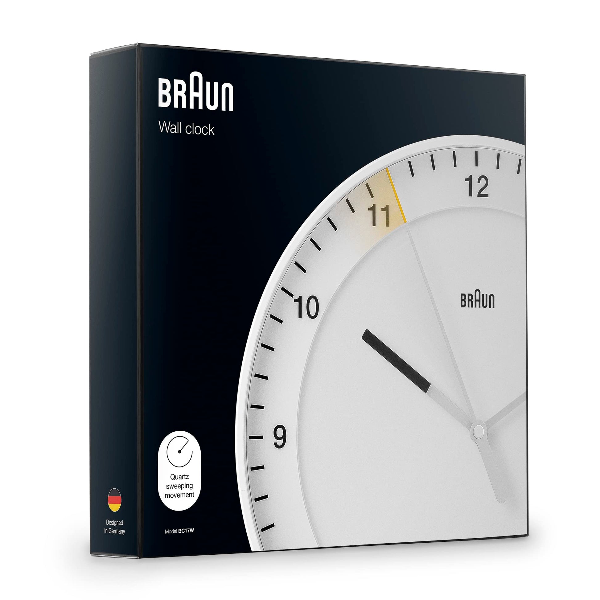 Braun Classic Large Analogue Wall Clock, 30cm, White, Silent Sweep Movement - label detail