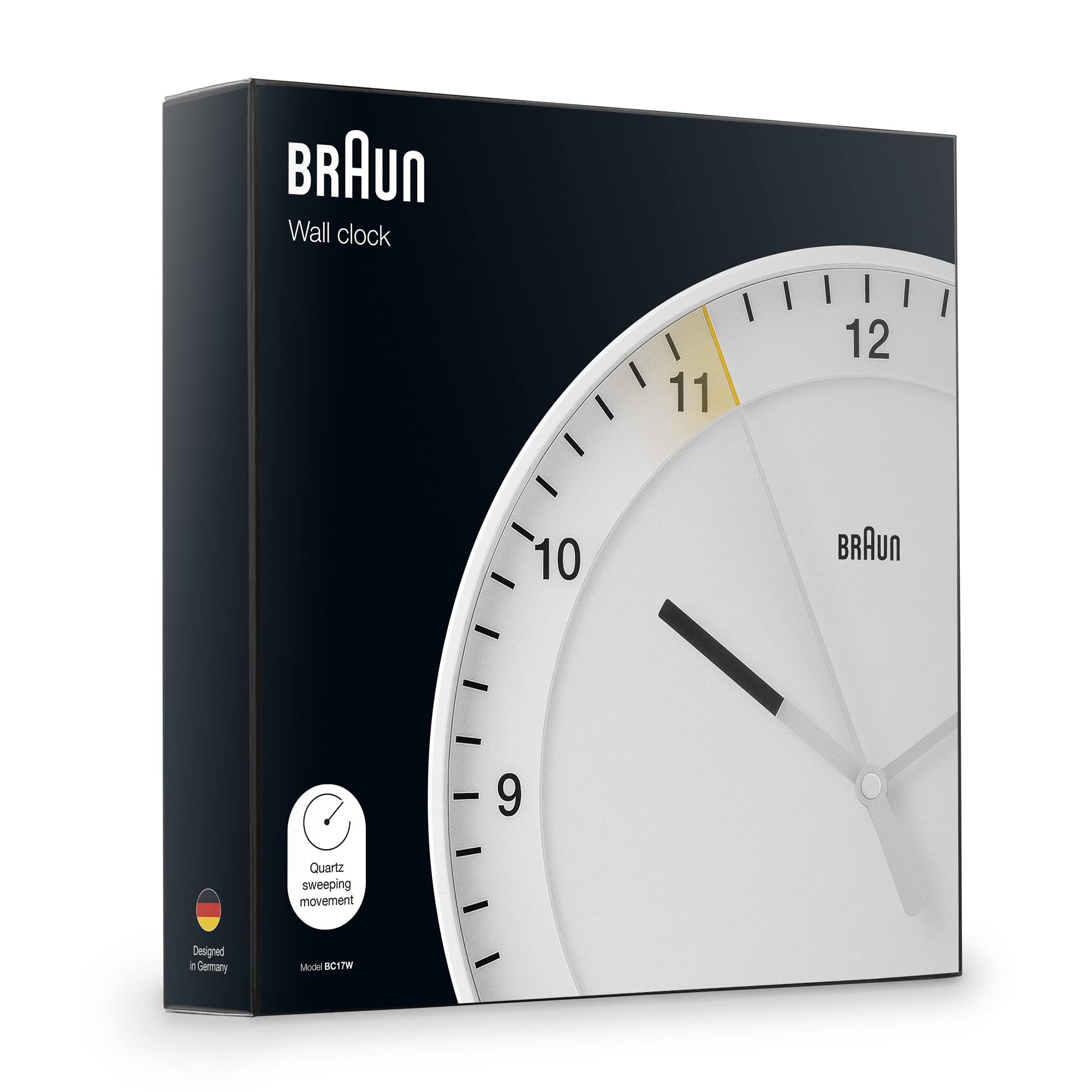 Braun Classic Large Analogue Wall Clock, 30cm, White, Silent Sweep Movement - label detail