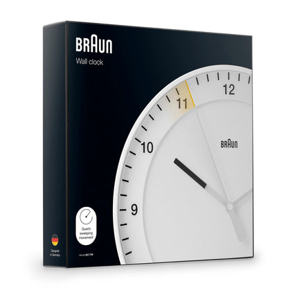 Braun Classic Large Analogue Wall Clock, 30cm, White, Silent Sweep Movement - label detail