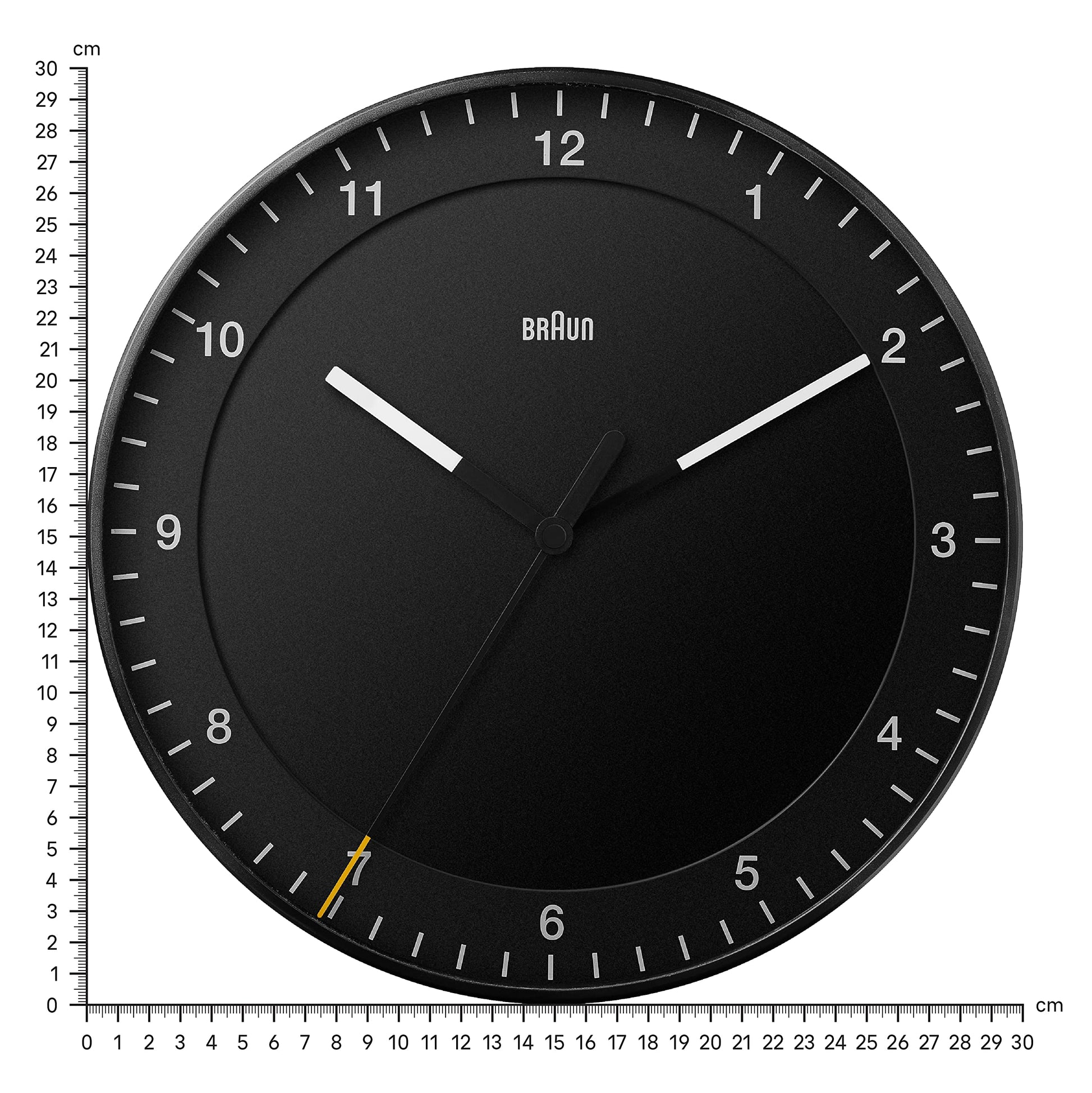 Braun Classic Wall Clock BC17B, 30cm Diameter, Silent Sweep Movement, Black, Semi-Tempered Glass Lens - packaging