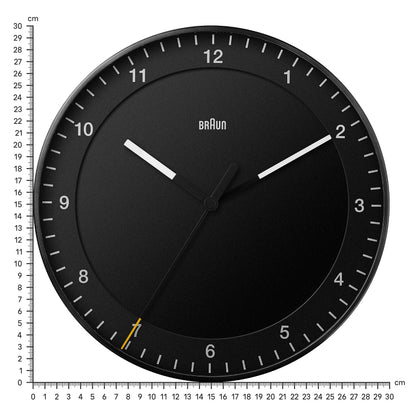Braun Classic Wall Clock BC17B, 30cm Diameter, Silent Sweep Movement, Black, Semi-Tempered Glass Lens - packaging
