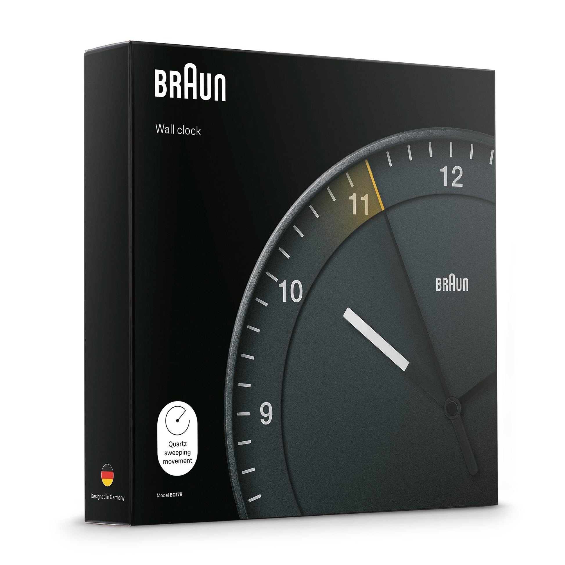 Braun Classic Wall Clock BC17B, 30cm Diameter, Silent Sweep Movement, Black, Semi-Tempered Glass Lens - label detail