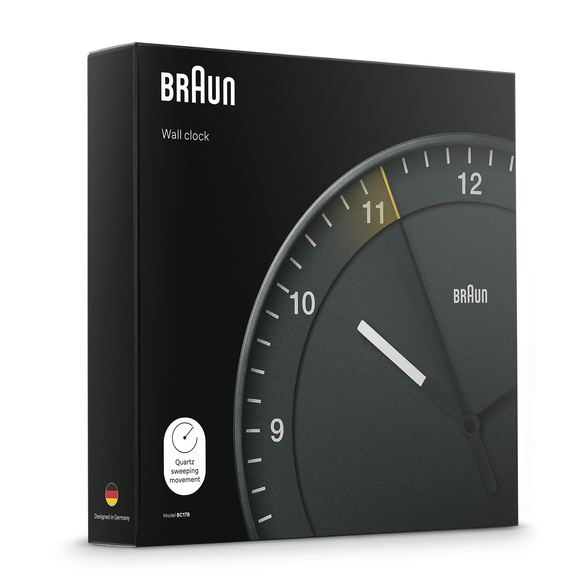 Braun Classic Wall Clock BC17B, 30cm Diameter, Silent Sweep Movement, Black, Semi-Tempered Glass Lens - label detail