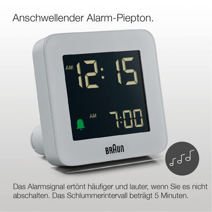 Braun Digital Alarm Clock Gray BC09G, Snooze, Negative LCD, Crescendo Beep