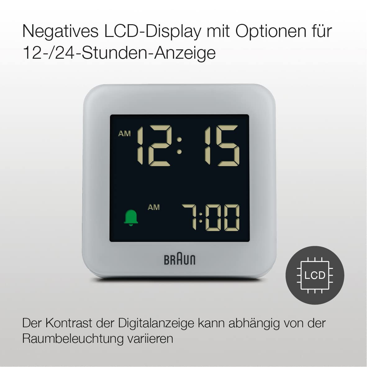 Braun Digital Alarm Clock Gray BC09G, Snooze, Negative LCD, Crescendo Beep - back view