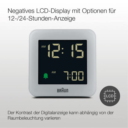 Braun Digital Alarm Clock Gray BC09G, Snooze, Negative LCD, Crescendo Beep - back view