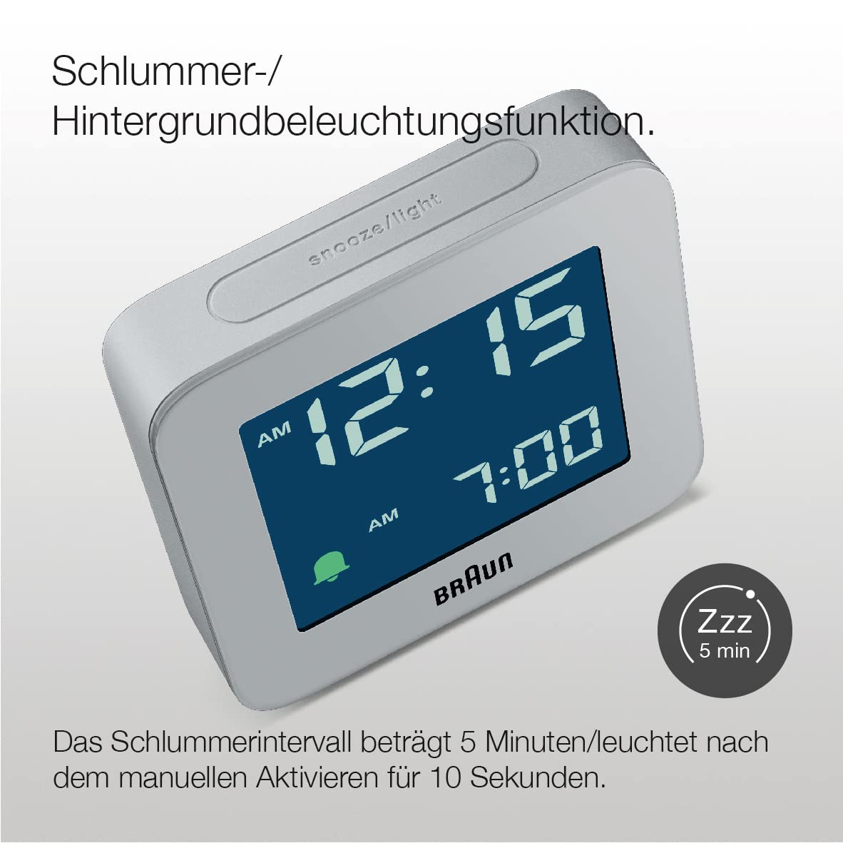 Braun Digital Alarm Clock Gray BC09G, Snooze, Negative LCD, Crescendo Beep - packaging