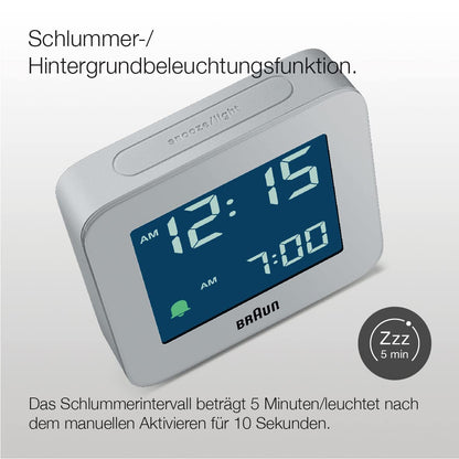 Braun Digital Alarm Clock Gray BC09G, Snooze, Negative LCD, Crescendo Beep - packaging