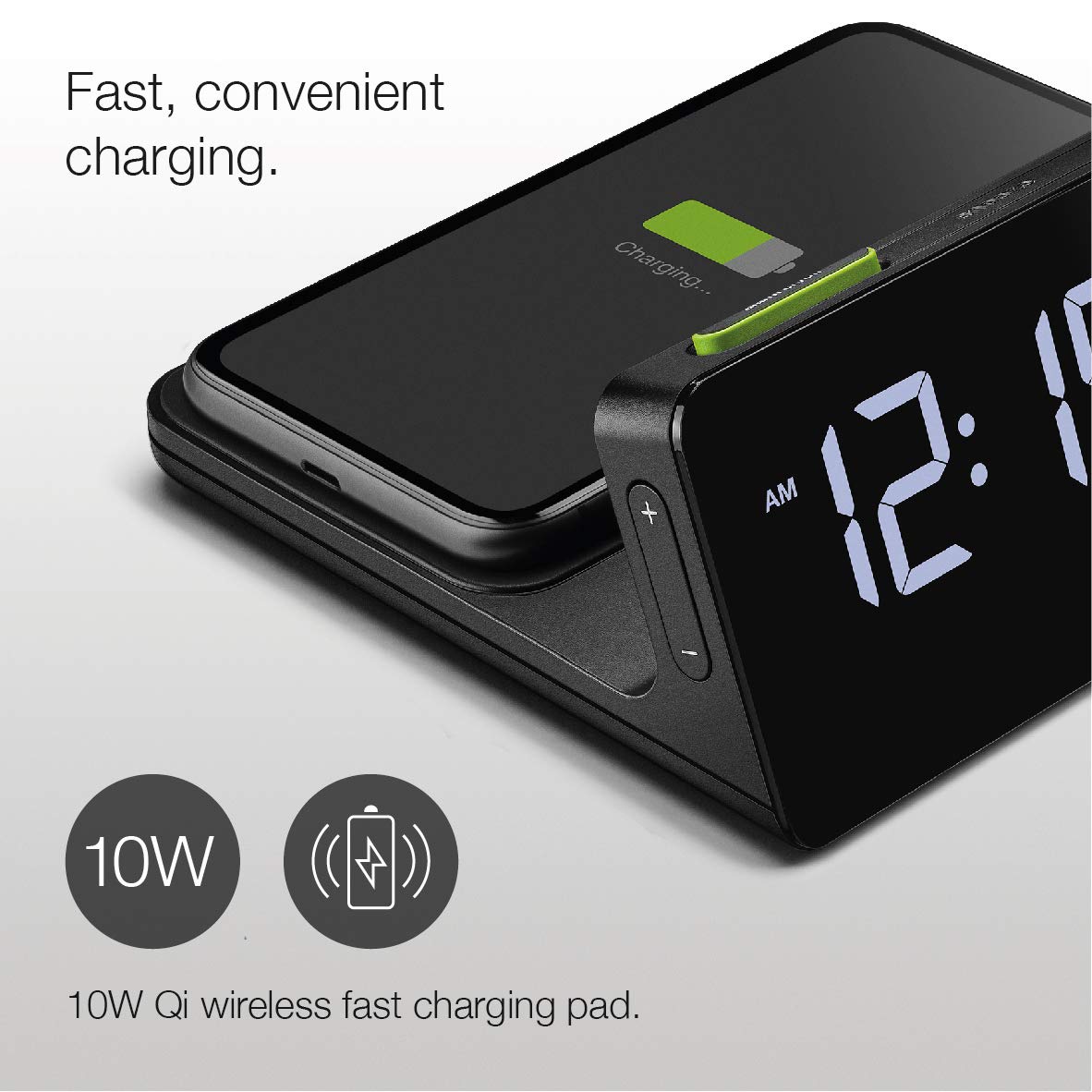 Braun Digital Alarm Clock with VA LCD Display and 10W Qi Wireless Charging Pad - front view
