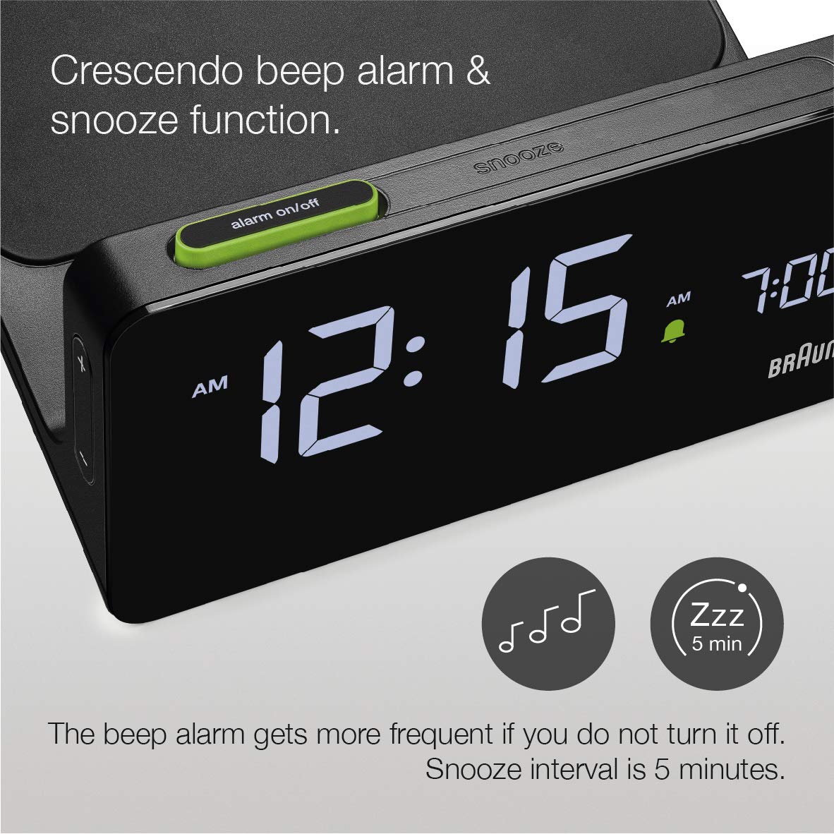 Braun Digital Alarm Clock with VA LCD Display and 10W Qi Wireless Charging Pad - in use