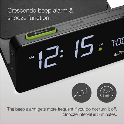 Braun Digital Alarm Clock with VA LCD Display and 10W Qi Wireless Charging Pad - in use