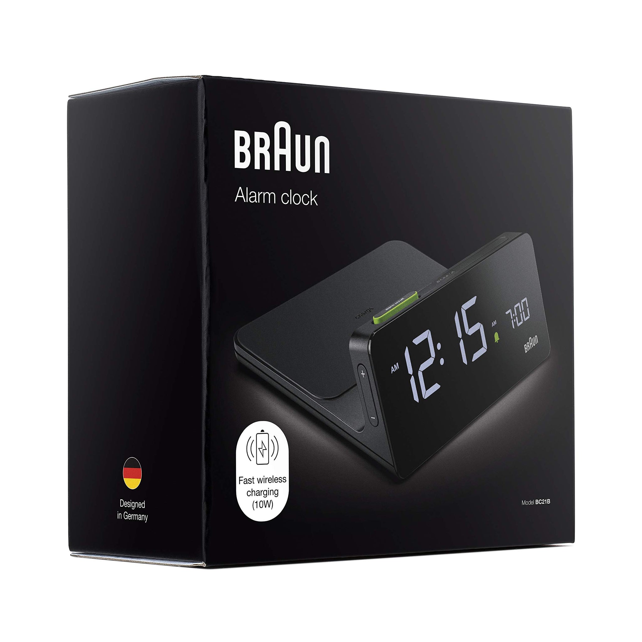 Braun Digital Alarm Clock with VA LCD Display and 10W Qi Wireless Charging Pad - size and scale