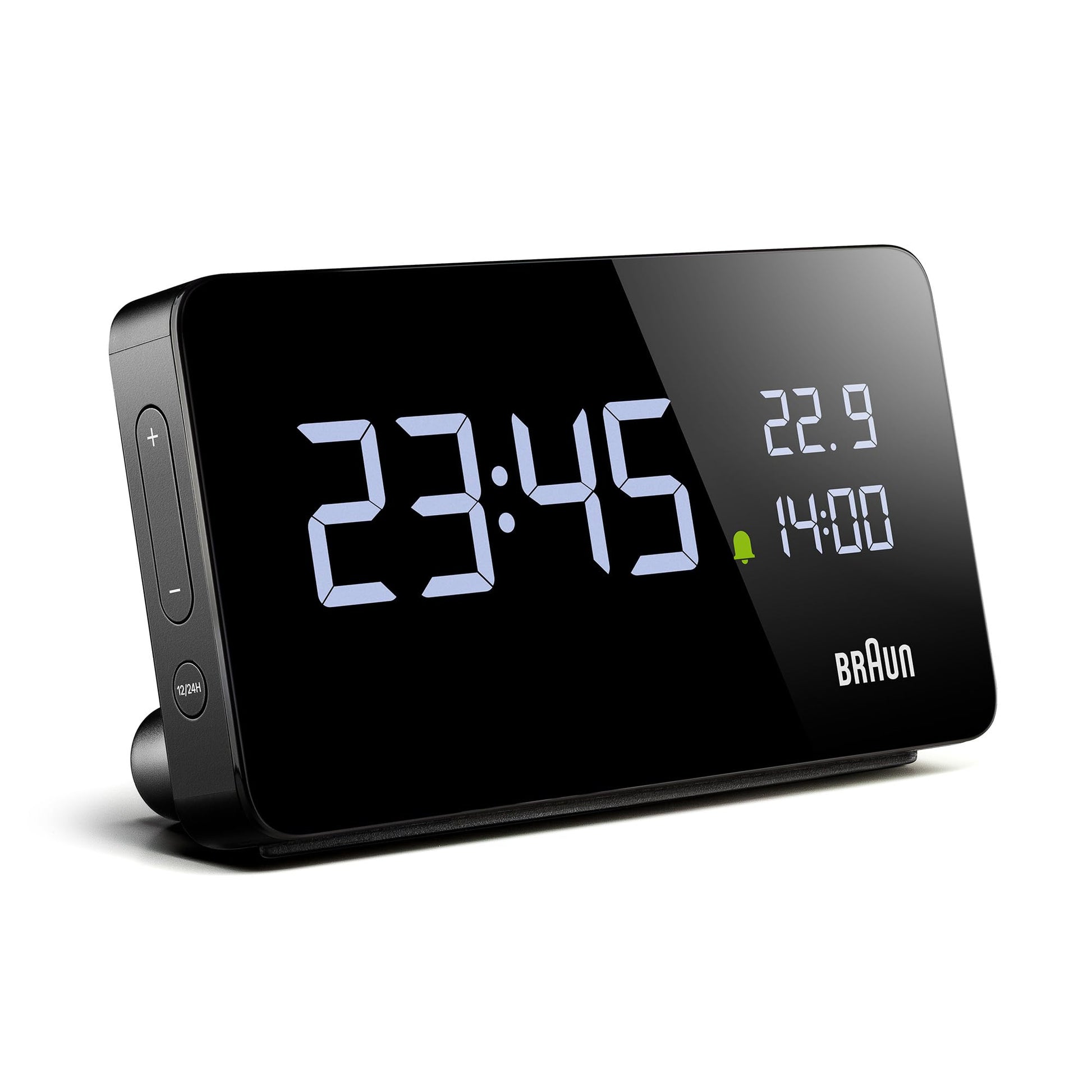 Braun Digital Alarm Clock with VA LCD Display and USB-C Charging Ports, Black, Model BC20B - size and scale
