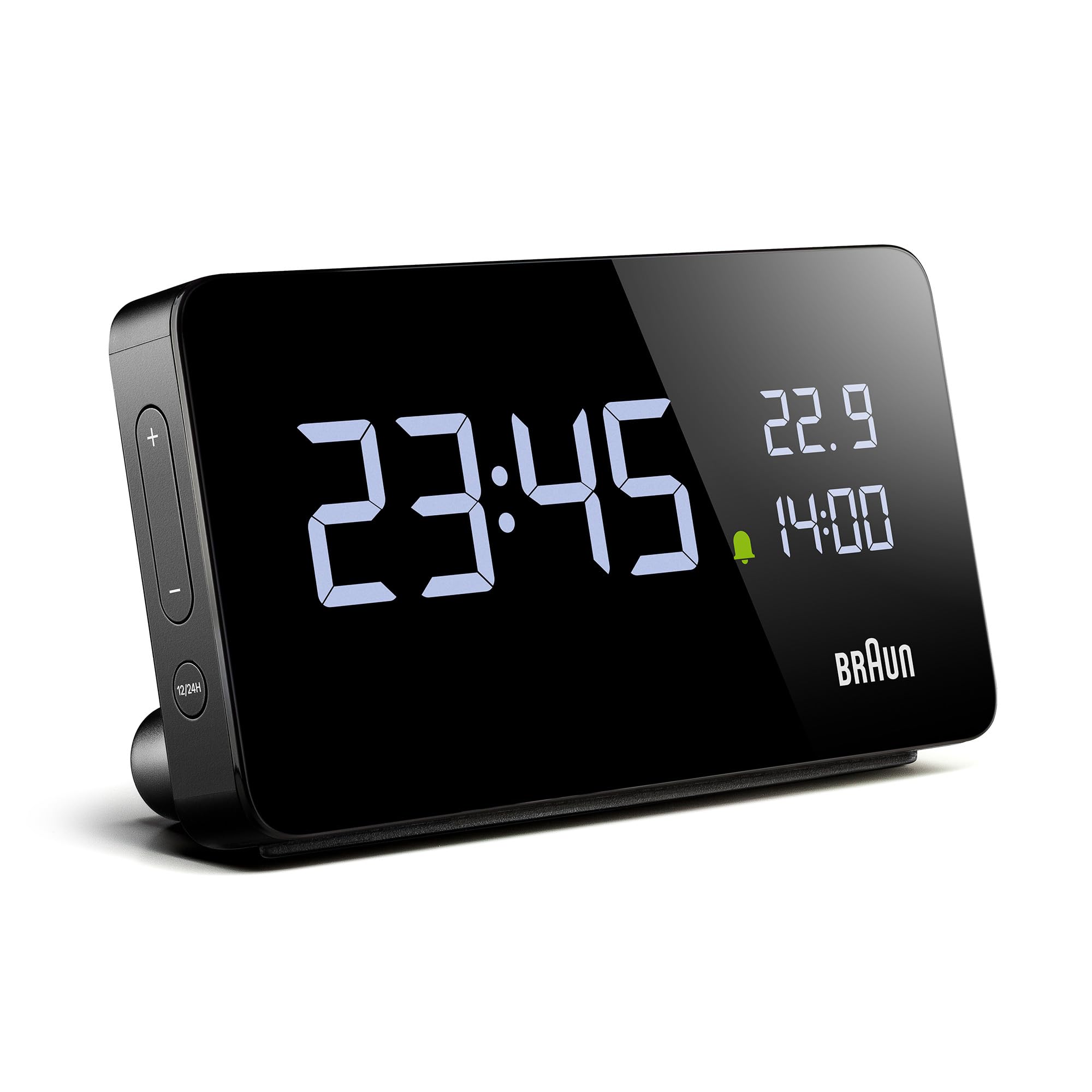 Braun Digital Alarm Clock with VA LCD Display and USB-C Charging Ports, Black, Model BC20B - size and scale