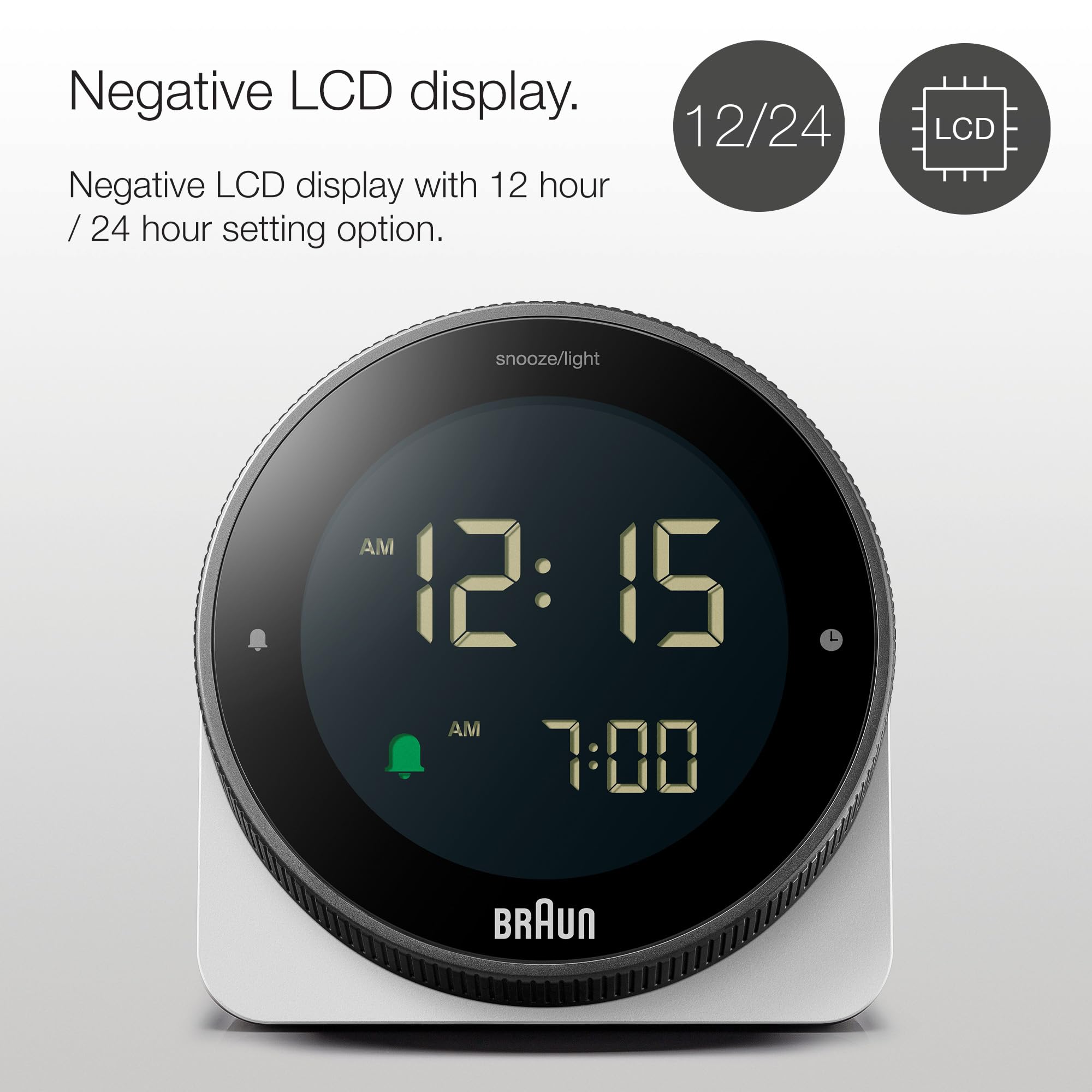 Braun Digital Plastic Alarm Clock with Snooze, Negative LCD Display, Rotating Bezel - close-up detail (14)