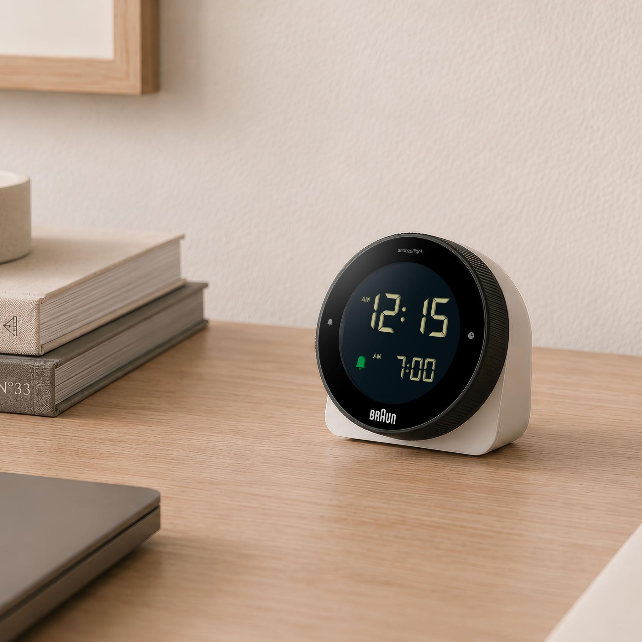 Braun Digital Plastic Alarm Clock with Snooze, Negative LCD Display, Rotating Bezel - front view