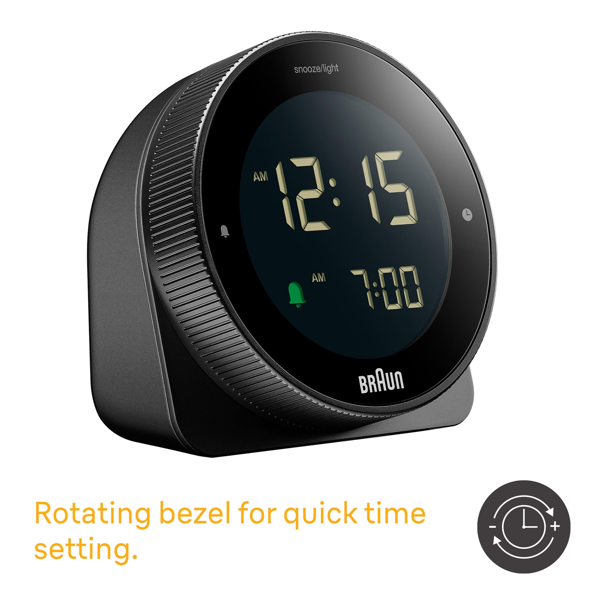 Braun Digital Plastic Alarm Clock with Snooze, Negative LCD Display, Rotating Bezel - packaging