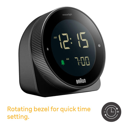 Braun Digital Plastic Alarm Clock with Snooze, Negative LCD Display, Rotating Bezel - packaging