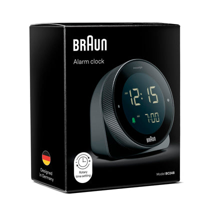 Braun Digital Plastic Alarm Clock with Snooze, Negative LCD Display, Rotating Bezel - label detail