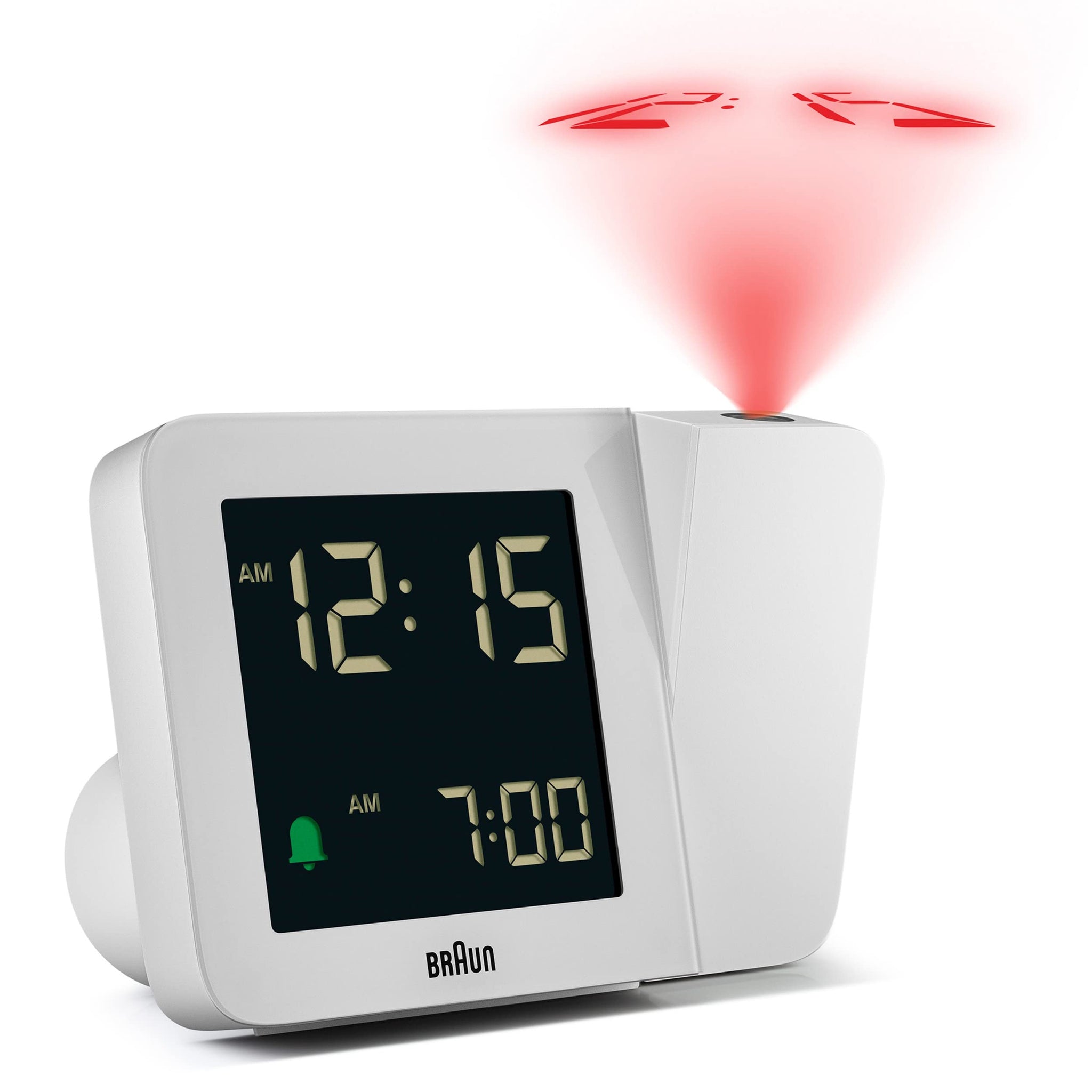 Braun Digital Projection Alarm Clock, White, Negative LCD Display, 4 Backlight Options, Quick Set, Beep Alarm, Model BC15W