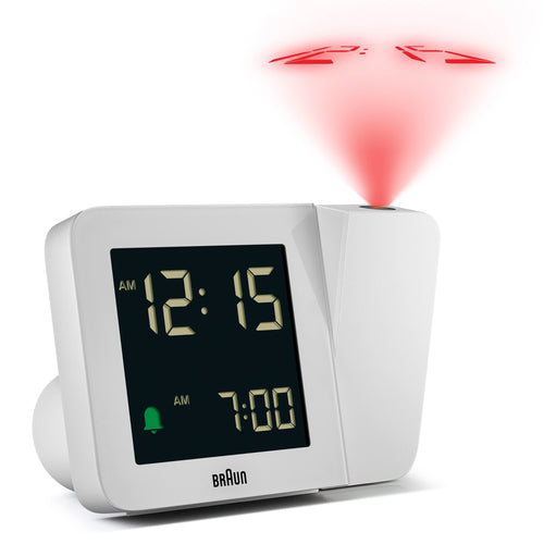 Braun Digital Projection Alarm Clock, White, Negative LCD Display, 4 Backlight Options, Quick Set, Beep Alarm, Model BC15W