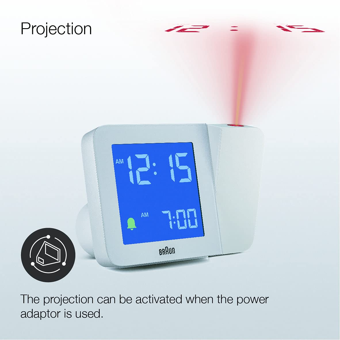 Braun Digital Projection Alarm Clock, White, Negative LCD Display, 4 Backlight Options, Quick Set, Beep Alarm, Model BC15W -