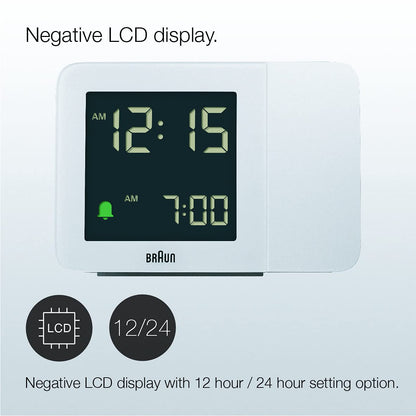 Braun Digital Projection Alarm Clock, White, Negative LCD Display, 4 Backlight Options, Quick Set, Beep Alarm, Model BC15W - 