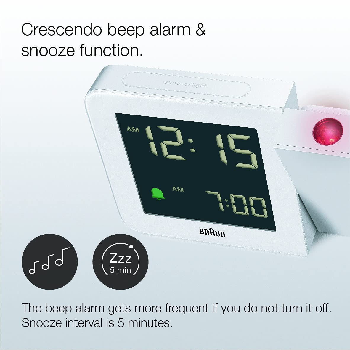 Braun Digital Projection Alarm Clock, White, Negative LCD Display, 4 Backlight Options, Quick Set, Beep Alarm, Model BC15W - 