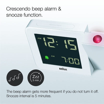 Braun Digital Projection Alarm Clock, White, Negative LCD Display, 4 Backlight Options, Quick Set, Beep Alarm, Model BC15W - 