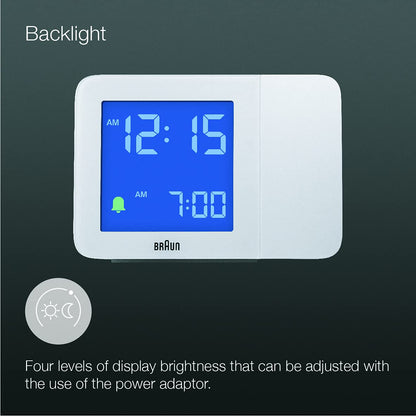 Braun Digital Projection Alarm Clock, White, Negative LCD Display, 4 Backlight Options, Quick Set, Beep Alarm, Model BC15W - 