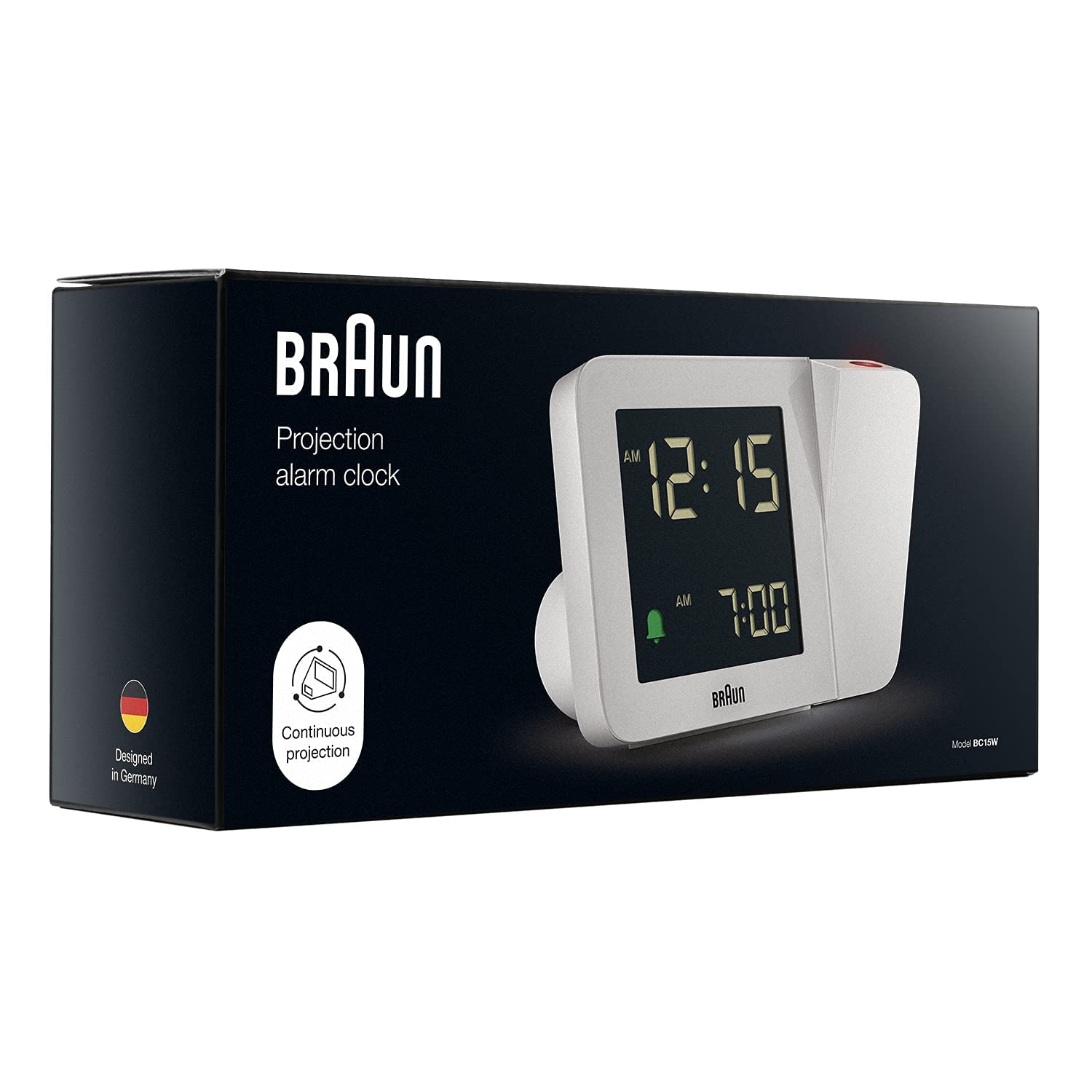 Braun Digital Projection Alarm Clock, White, Negative LCD Display, 4 Backlight Options, Quick Set, Beep Alarm, Model BC15W - 