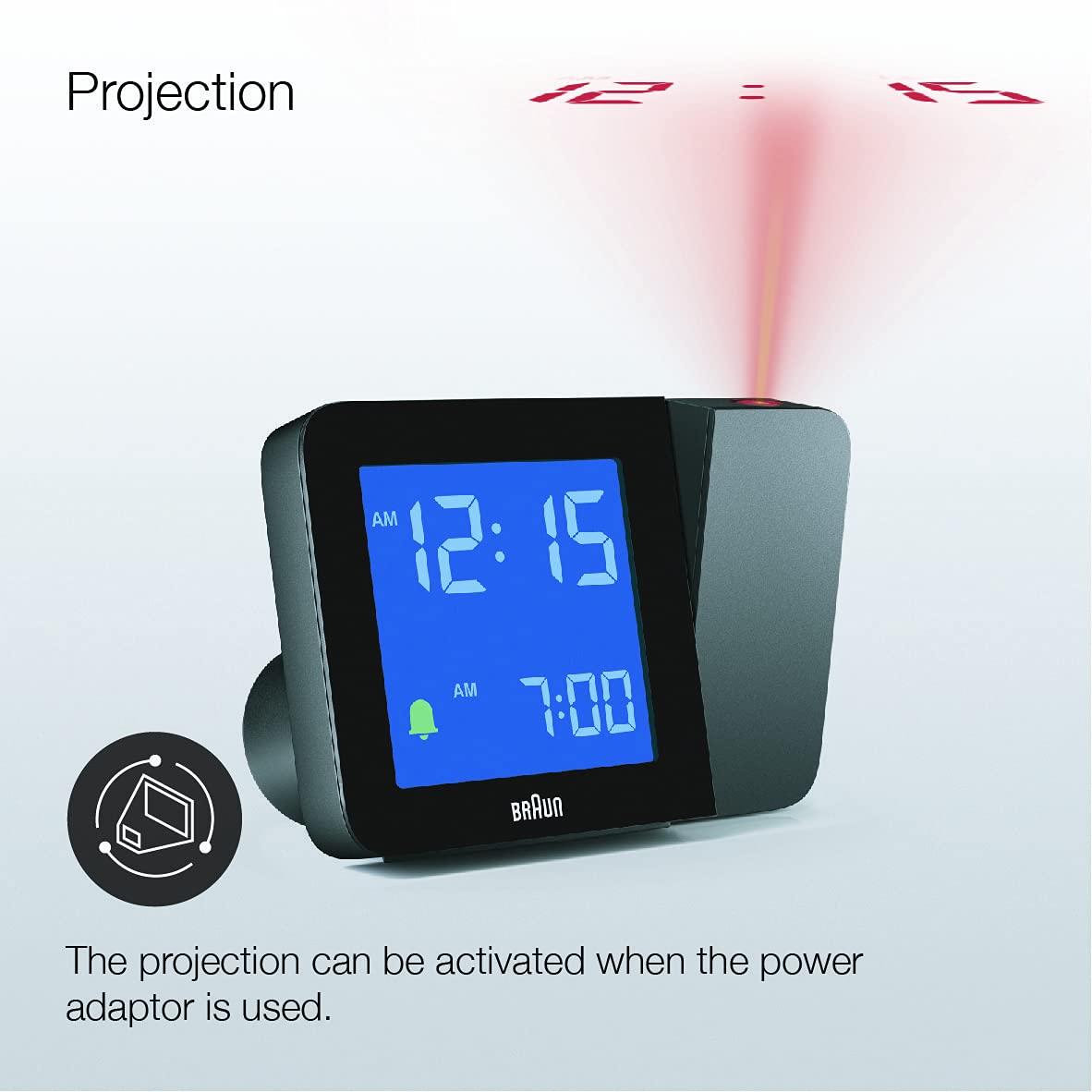 Braun Digital Projection Alarm Clock with Negative LCD Display, Black, Model BC15B - front view