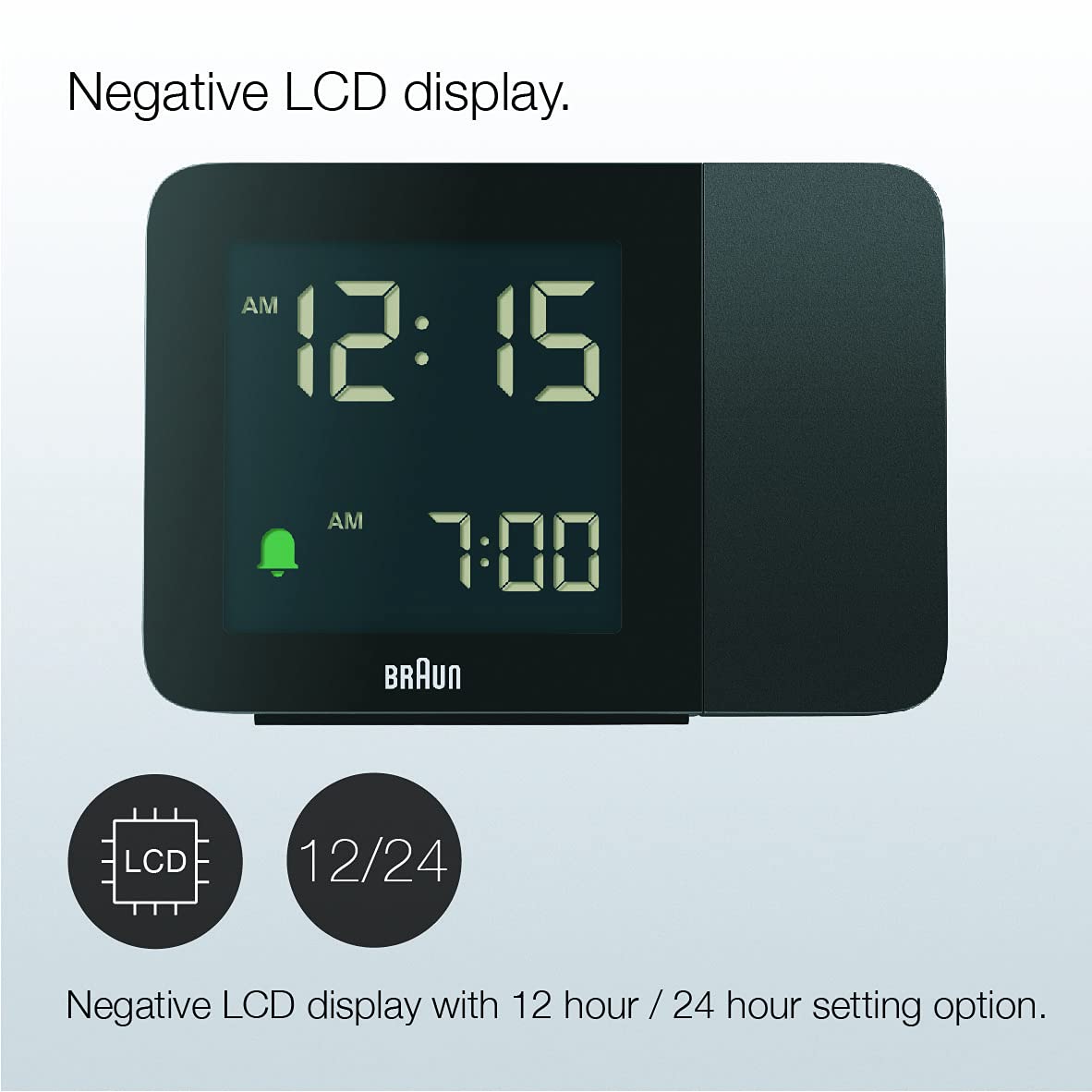 Braun Digital Projection Alarm Clock with Negative LCD Display, Black, Model BC15B - back view