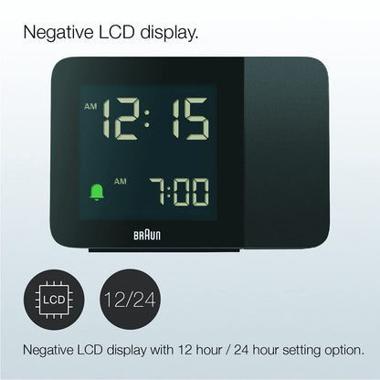 Braun Digital Projection Alarm Clock with Negative LCD Display, Black, Model BC15B - back view