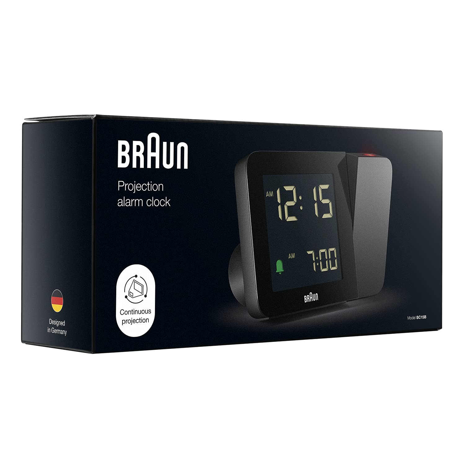 Braun Digital Projection Alarm Clock with Negative LCD Display, Black, Model BC15B - in use