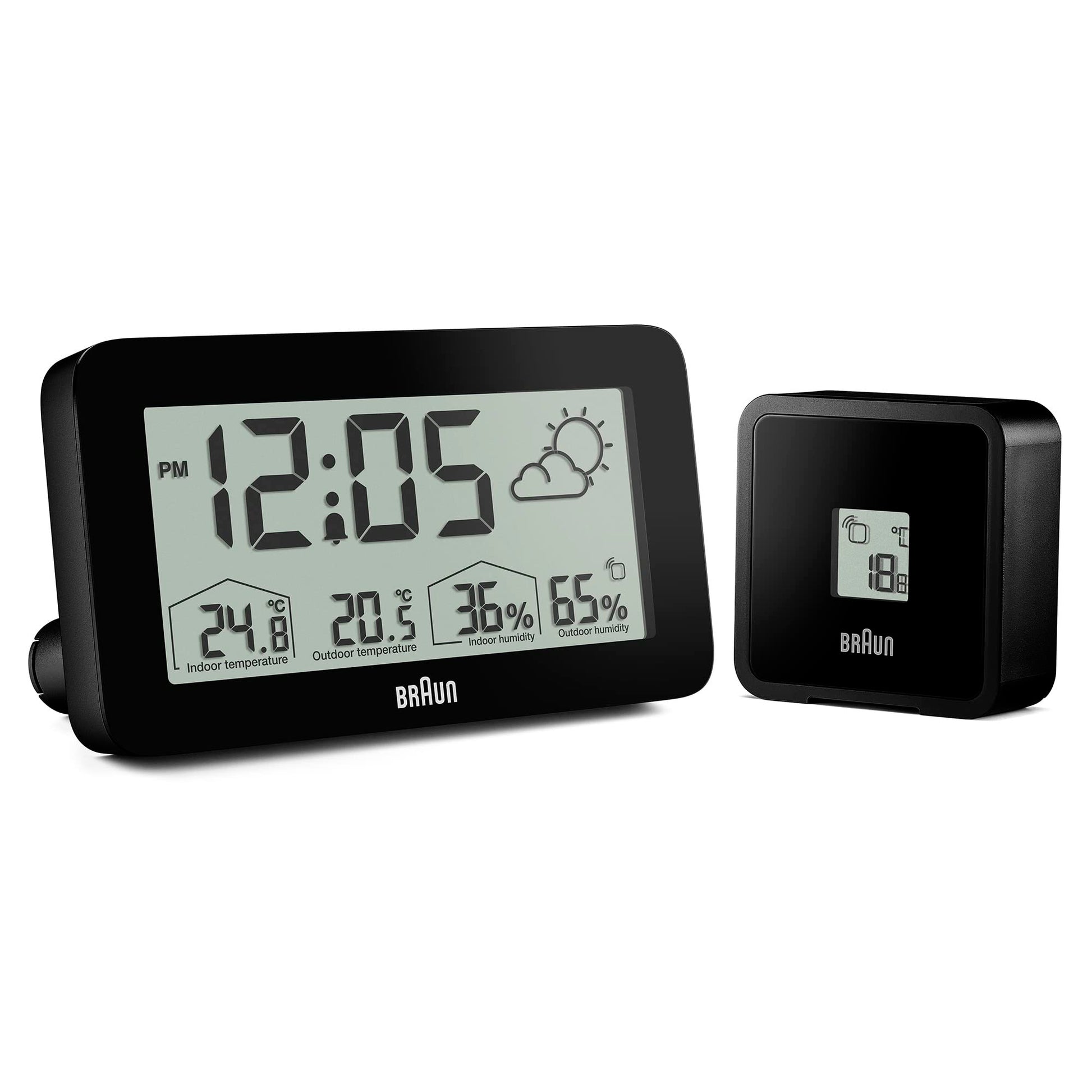 Braun Digital Weather Station Clock with Indoor Outdoor Temperature Humidity Forecast LCD Display Alarm Black BC13BP