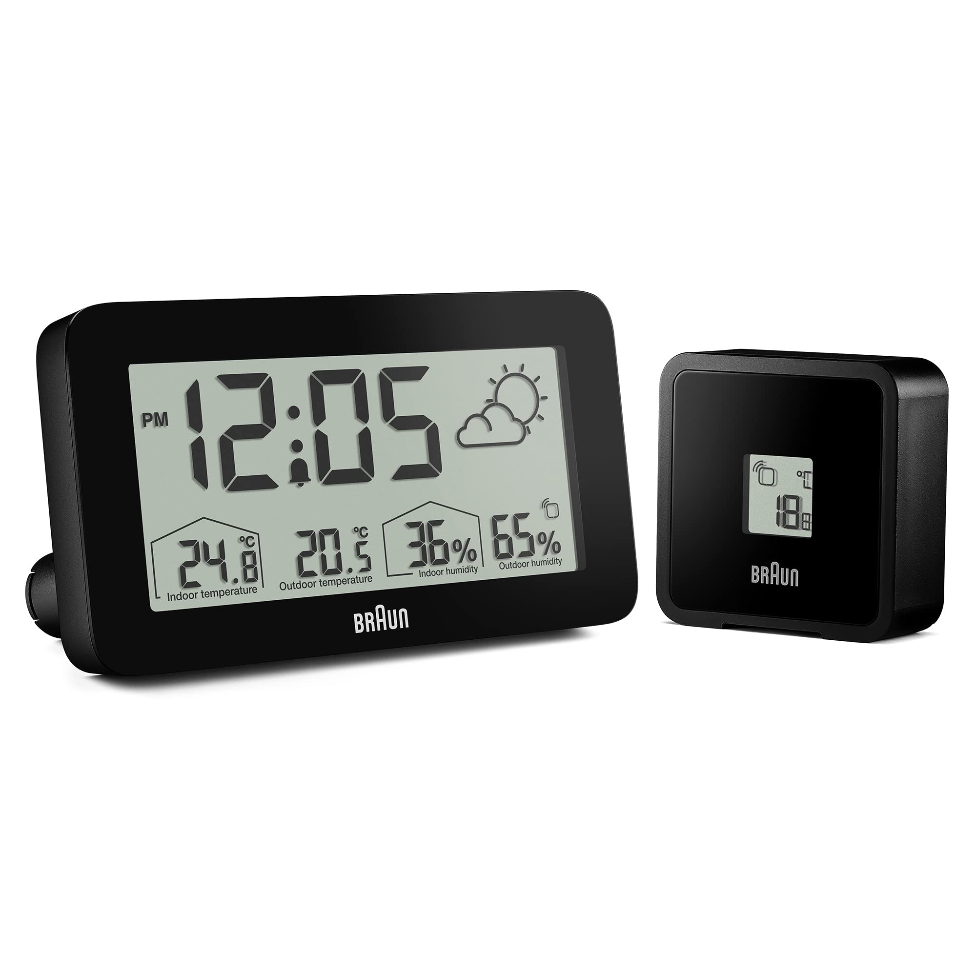 Braun Digital Weather Station Clock with Indoor Outdoor Temperature Humidity Forecast LCD Display Alarm Black BC13BP
