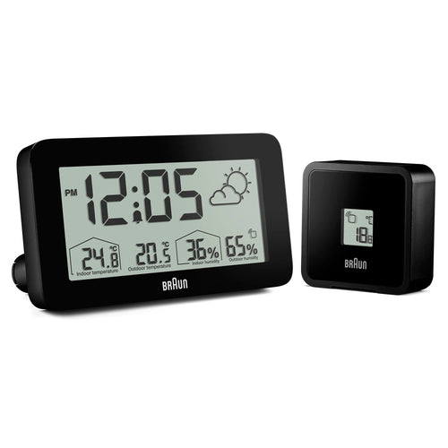 Braun Digital Weather Station Clock with Indoor Outdoor Temperature Humidity Forecast LCD Display Alarm Black BC13BP