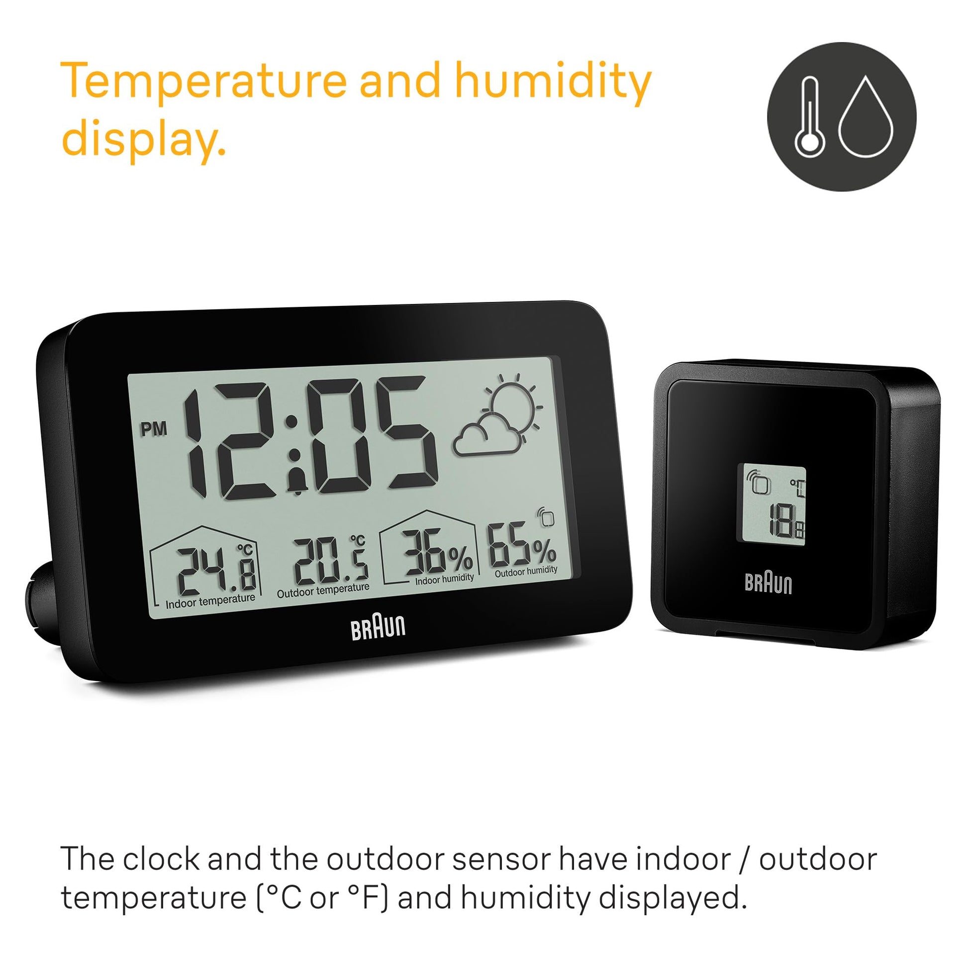 Braun Digital Weather Station Clock with Indoor Outdoor Temperature Humidity Forecast LCD Display Alarm Black BC13BP - front