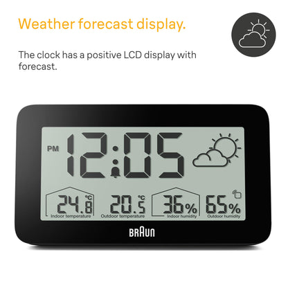 Braun Digital Weather Station Clock with Indoor Outdoor Temperature Humidity Forecast LCD Display Alarm Black BC13BP - back v