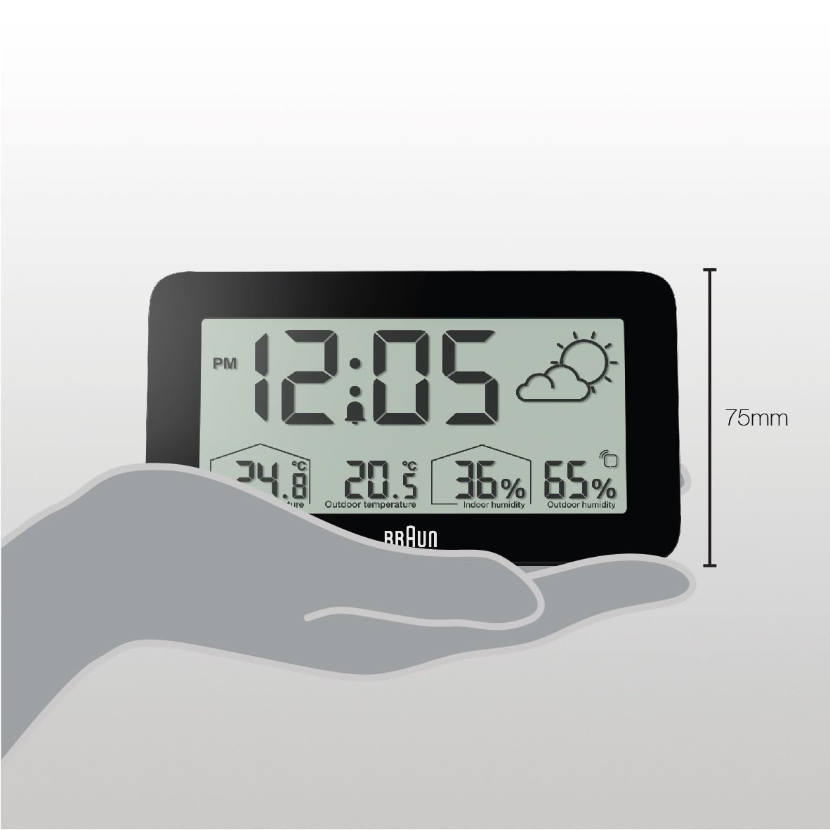 Braun Digital Weather Station Clock with Indoor Outdoor Temperature Humidity Forecast LCD Display Alarm Black BC13BP - packag