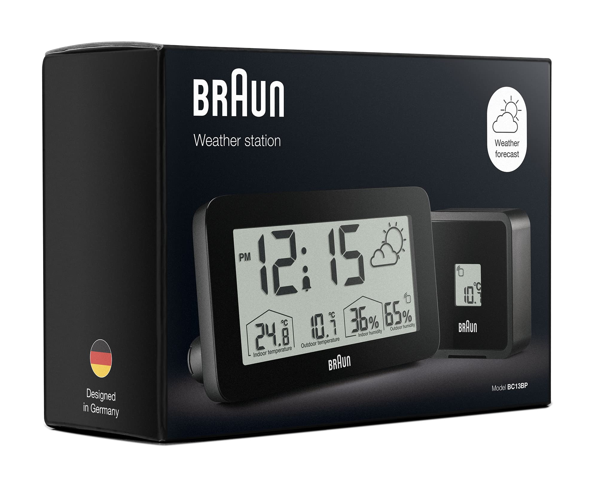 Braun Digital Weather Station Clock with Indoor Outdoor Temperature Humidity Forecast LCD Display Alarm Black BC13BP - label
