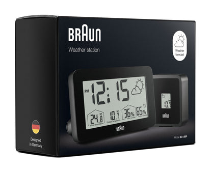 Braun Digital Weather Station Clock with Indoor Outdoor Temperature Humidity Forecast LCD Display Alarm Black BC13BP - label
