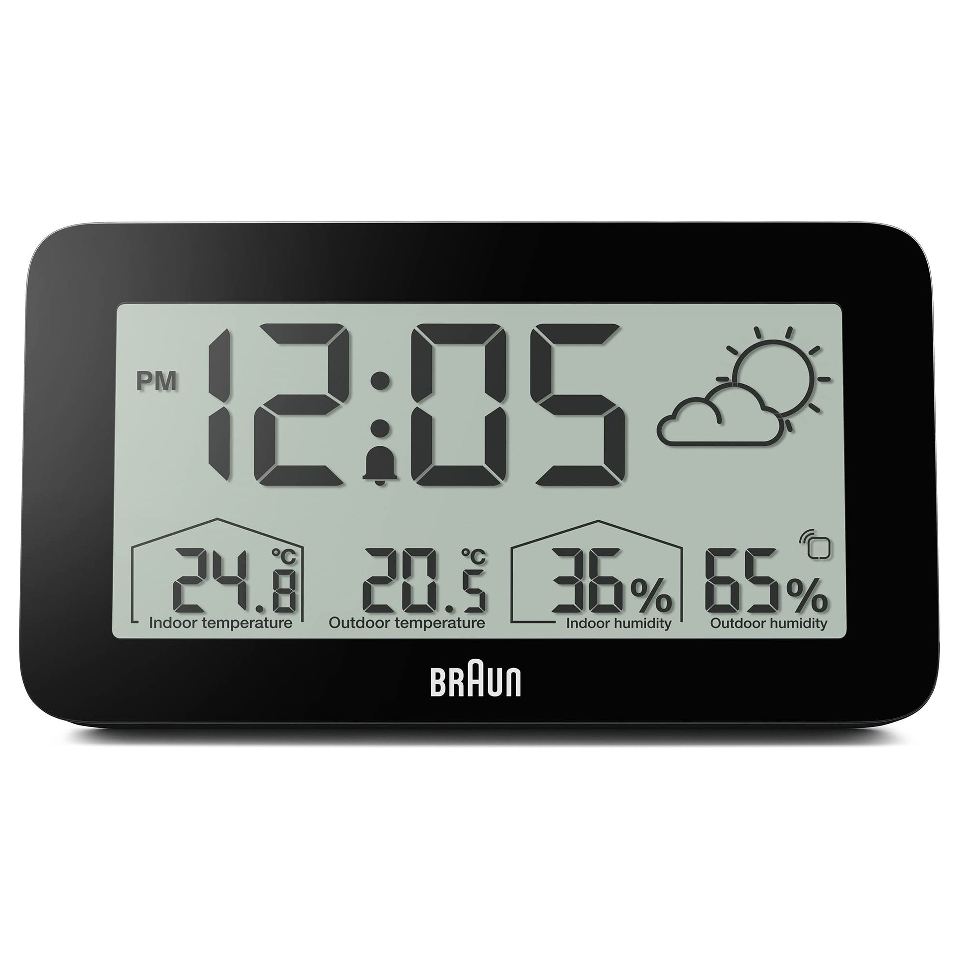 Braun Digital Weather Station Clock with Indoor Outdoor Temperature Humidity Forecast LCD Display Alarm Black BC13BP - close-