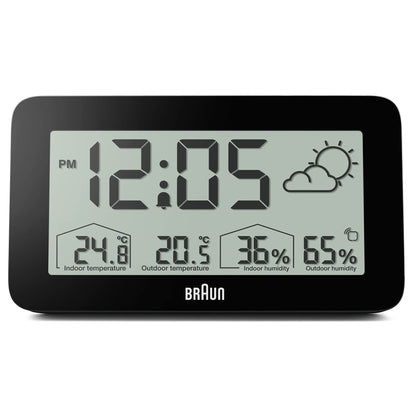 Braun Digital Weather Station Clock with Indoor Outdoor Temperature Humidity Forecast LCD Display Alarm Black BC13BP - close-